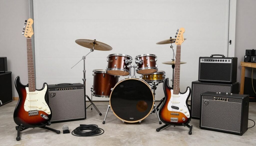 Essential garage band equipment including guitars, amps, drums, and microphones arranged in a garage