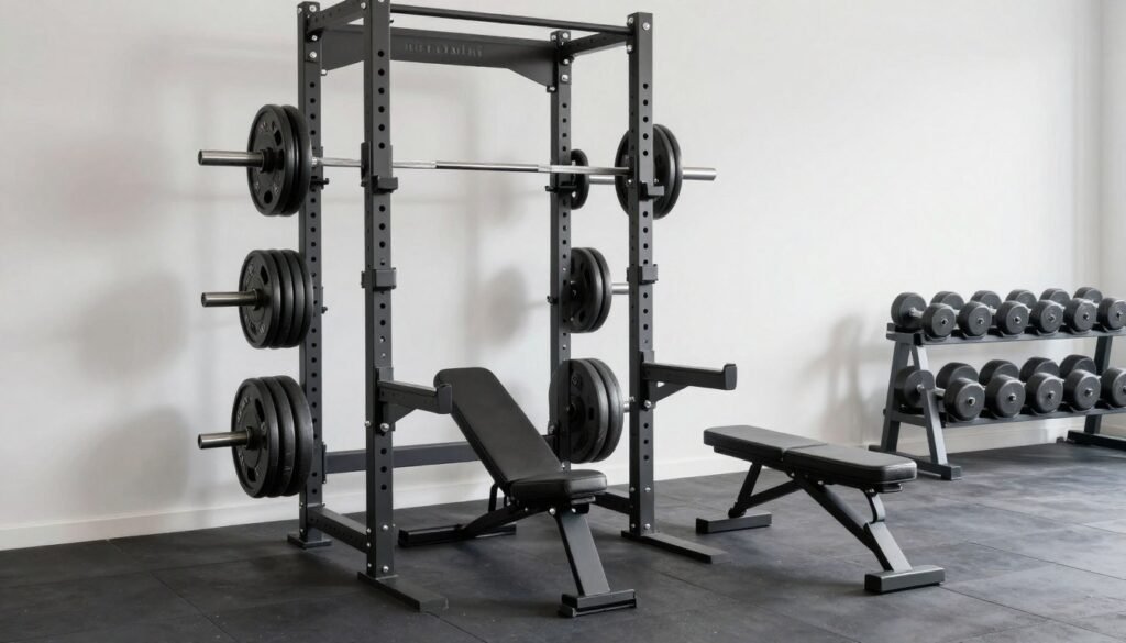 Essential garage gym equipment including power rack, barbell, bench, and weights