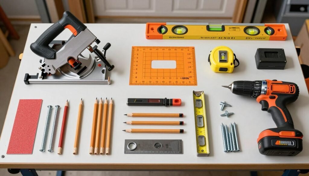 Essential tools laid out for a garage pergola project including a miter saw, drill, and measuring tools