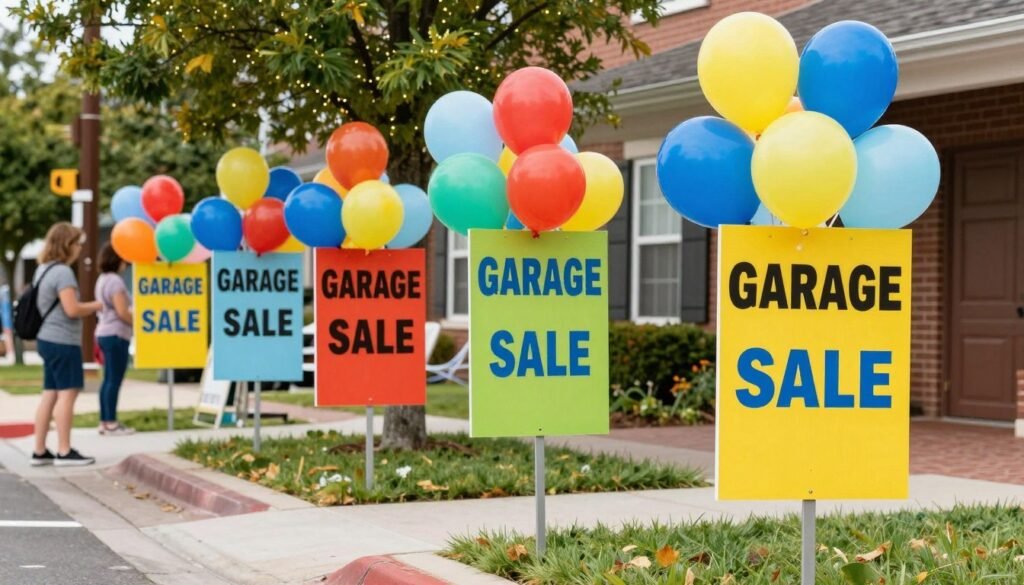Eye-catching garage sale signs with balloons and bright colors