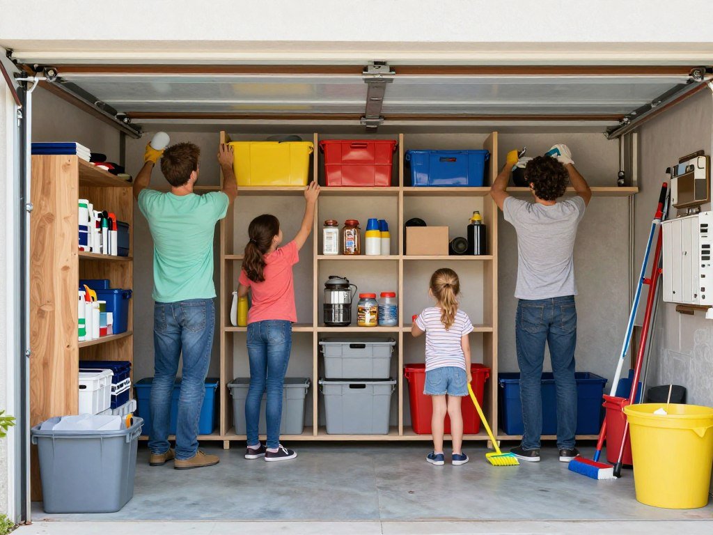 Family engaged in a seasonal garage reset, rotating items and maintaining the organization system