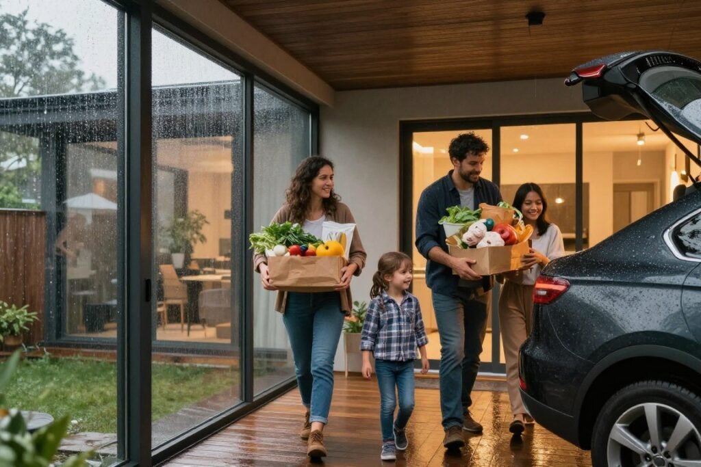Family walking through an enclosed breezeway during rainy weather, staying completely dry while carrying groceries Family walking through an enclosed breezeway during rainy weather, staying completely dry while carrying groceries