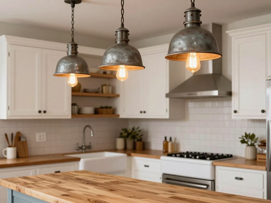 Farmhouse kitchen with rustic pendant lights and vintage-inspired fixtures Farmhouse kitchen with rustic pendant lights and vintage-inspired fixtures