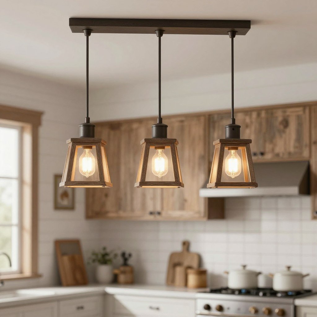 Farmhouse style pendant lights with rustic finish in a country kitchen Farmhouse style pendant lights with rustic finish in a country kitchen