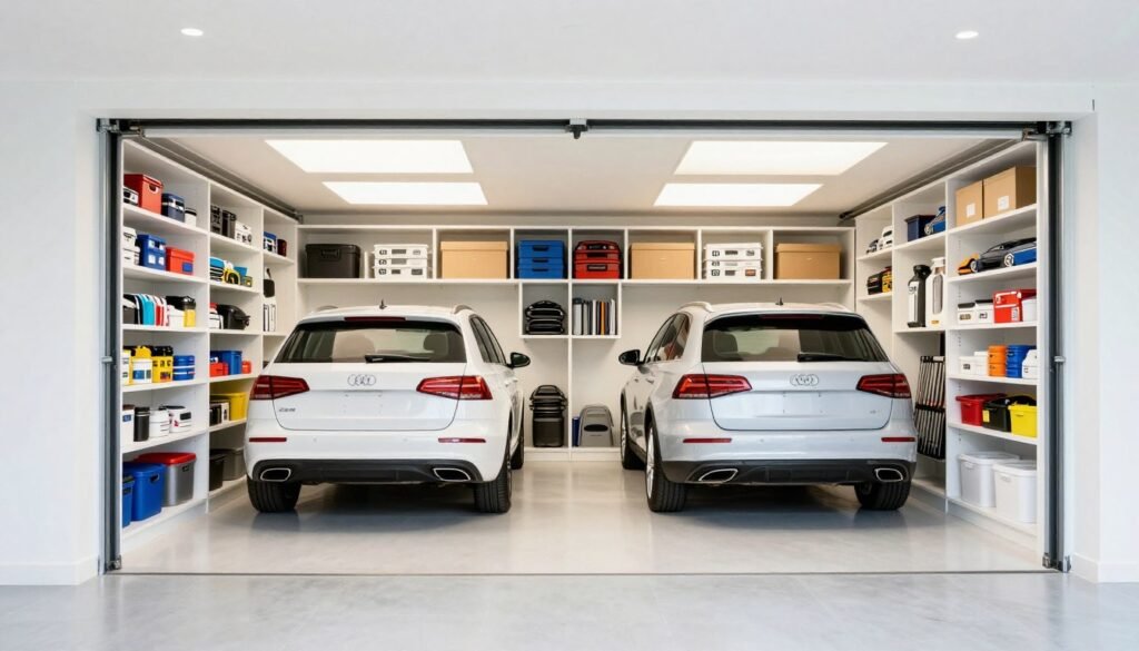 Final transformation of a two car garage with all organization systems in place, showing both parked vehicles and neatly organized storage