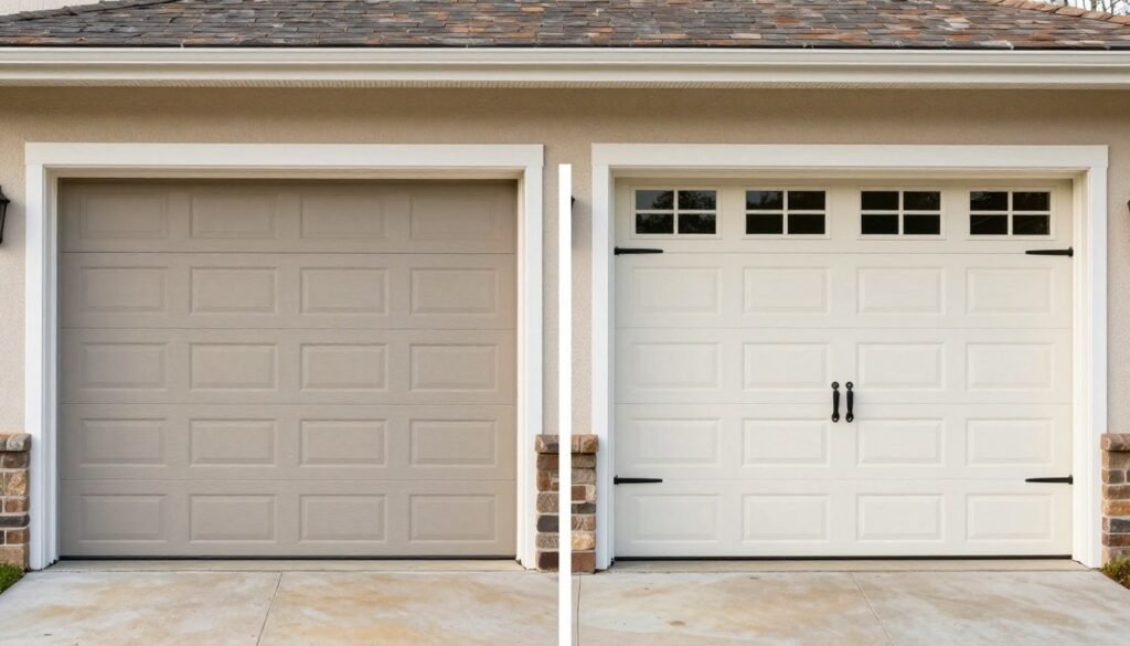 Final transformation of garage door makeover showing dramatic before and after