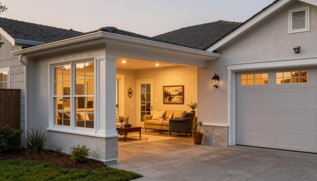Finished enclosed breezeway project showing beautiful transition between house and garage