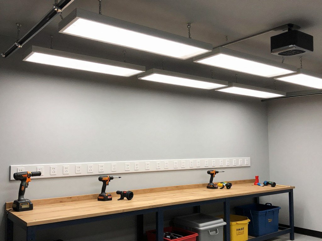 Finished garage with LED lighting, electrical outlets, and organized workspace