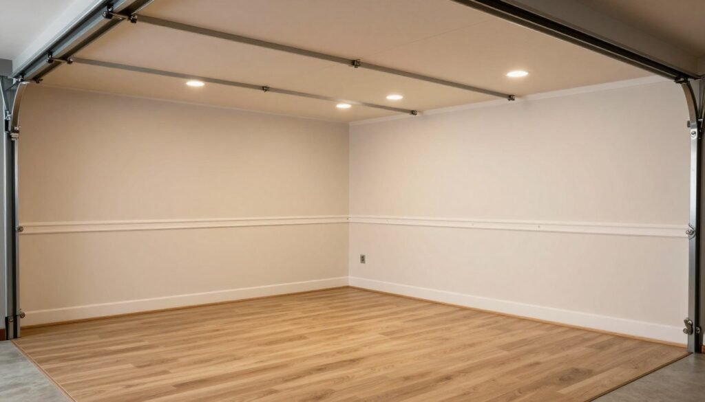 Finished garage with drywall, paint, and decorative elements