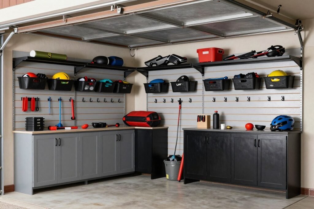 Finished garage with wall-mounted storage systems, cabinets, and overhead racks