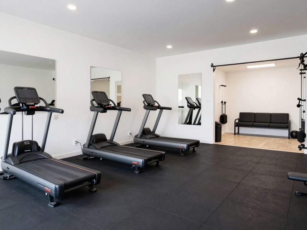 Fitness studio garage man cave with exercise equipment and recovery area