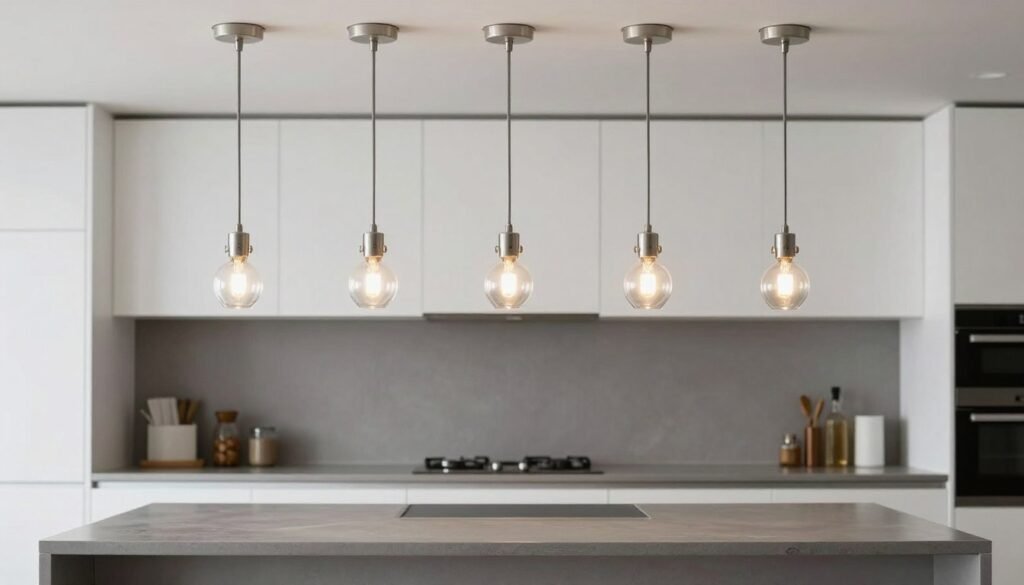 Five mini glass pendant lights arranged over a kitchen island