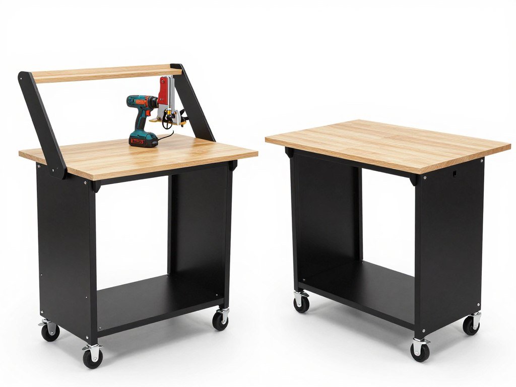 Flip-top garage workbench showing both tool mounting and flat work surface configurations