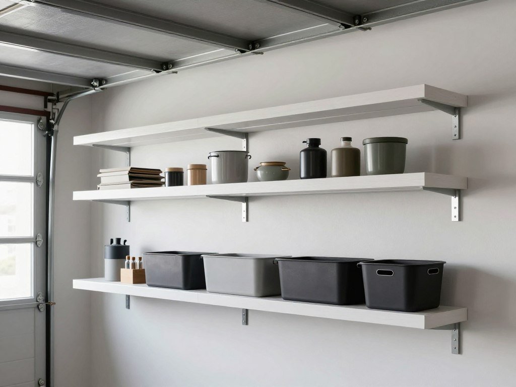 Floating shelves in garage with hidden brackets holding organized storage bins Floating shelves in garage with hidden brackets holding organized storage bins