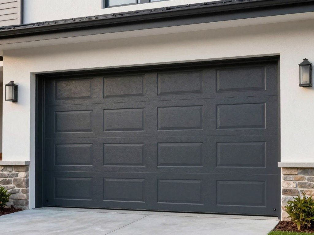 Flush panel garage door in dark charcoal with minimal hardware on a contemporary home