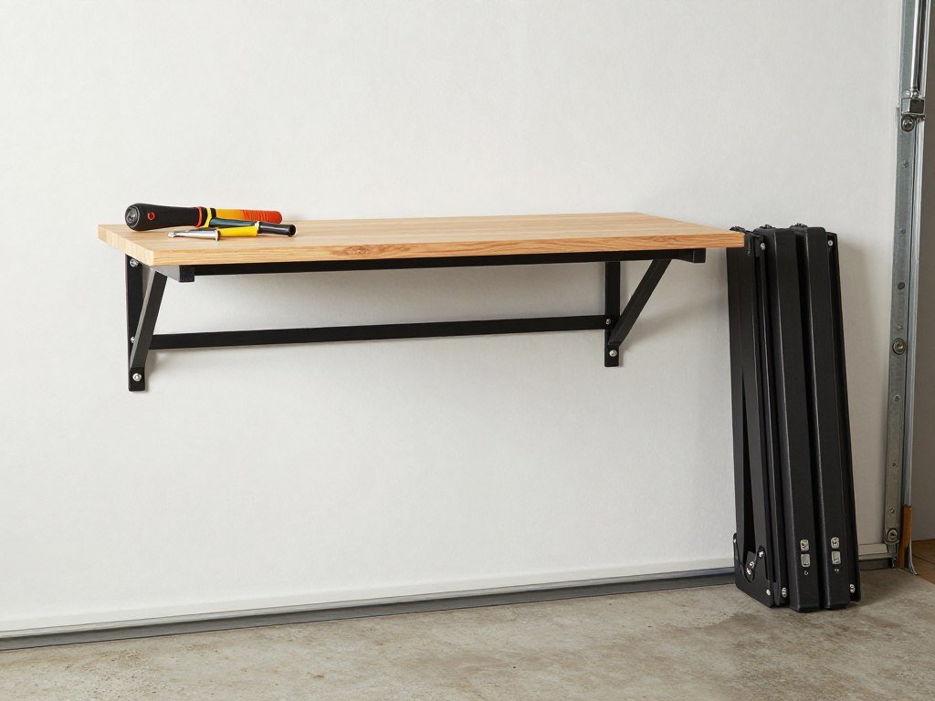 Fold-down workbench in both deployed and folded positions showing space-saving design Fold-down workbench in both deployed and folded positions showing space-saving design