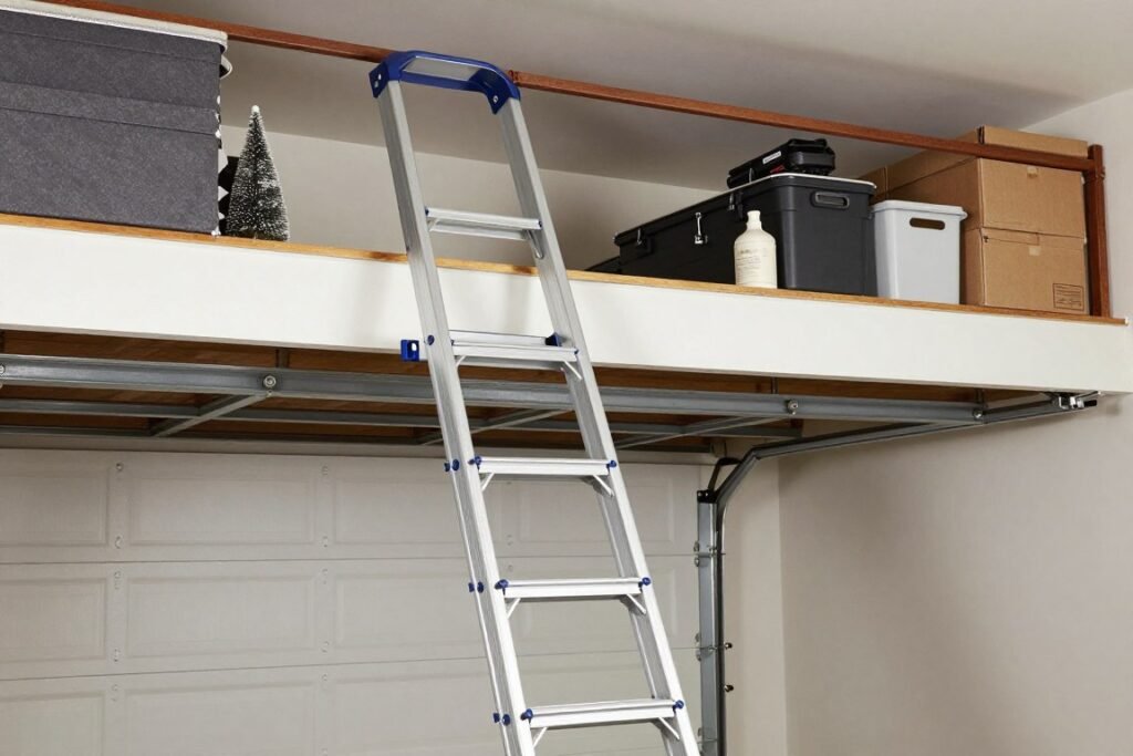 Folding ladder providing access to a garage storage loft