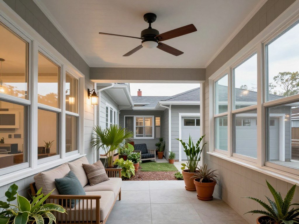 Four-season enclosed breezeway with comfortable furniture and climate control