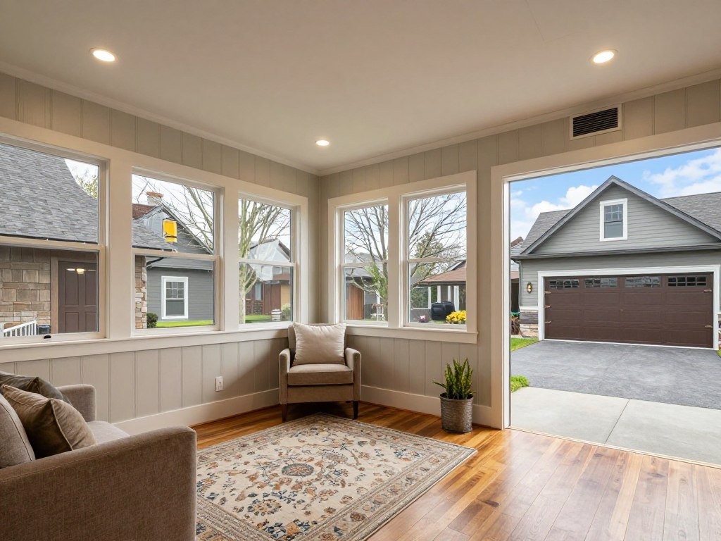 Four-season enclosed breezeway with comfortable furniture, area rug, and climate control connecting house to garage Four-season enclosed breezeway with comfortable furniture, area rug, and climate control connecting house to garage