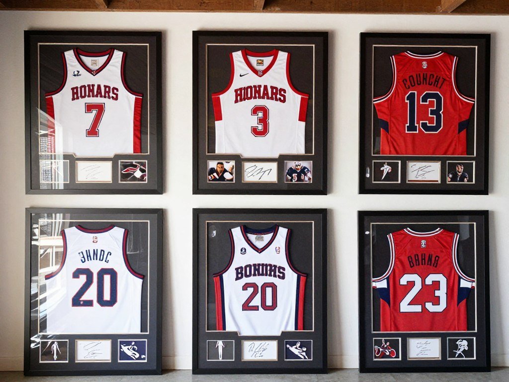 Framed sports jerseys and memorabilia displayed in a garage man cave