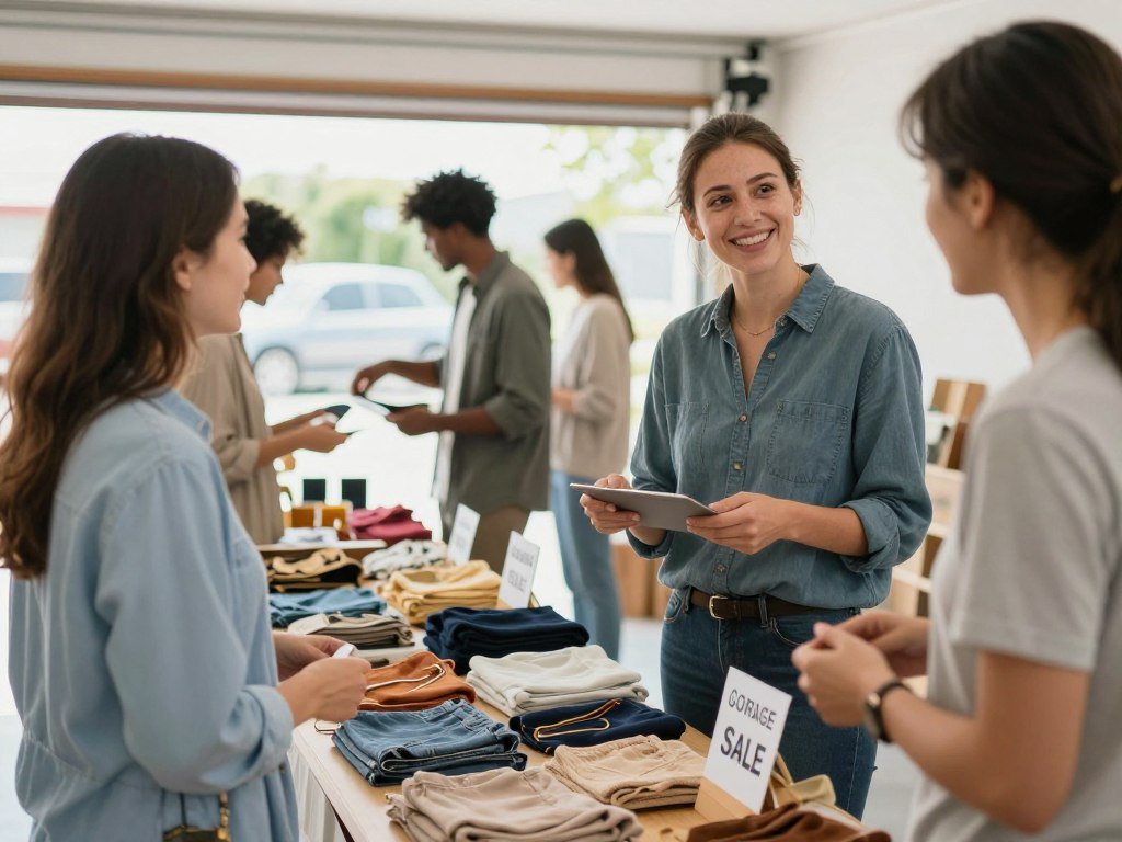 Friendly interaction between seller and customers at a garage sale
