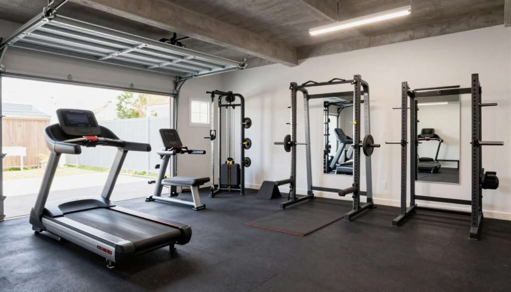 Fully equipped garage conversion home gym with various exercise equipment and mirrors