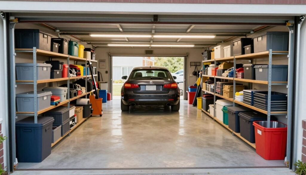 Fully organized garage with car parked inside, all systems in place, and clear walking paths