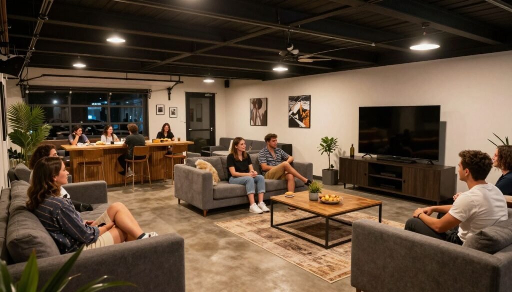 Fully transformed garage hang out space with friends enjoying the area