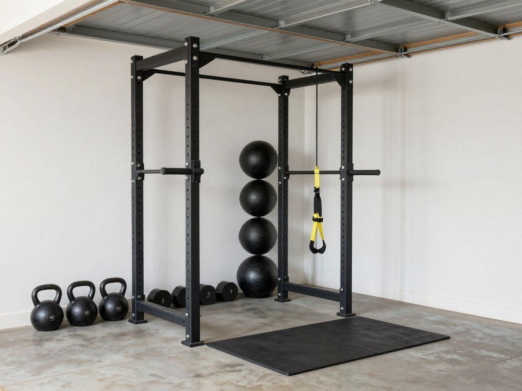 Functional fitness setup in a small garage with versatile equipment
