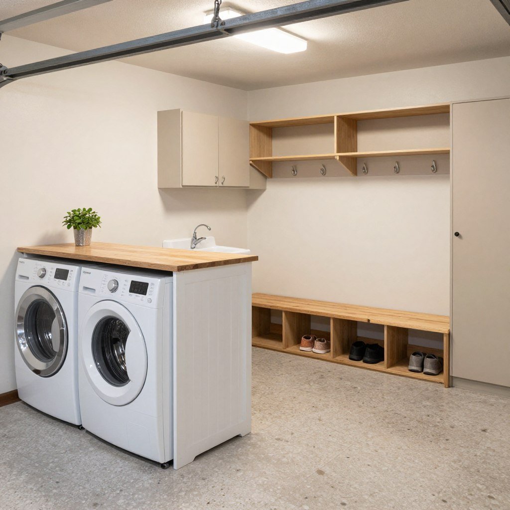 Functional garage conversion combining laundry facilities with mudroom storage Functional garage conversion combining laundry facilities with mudroom storage