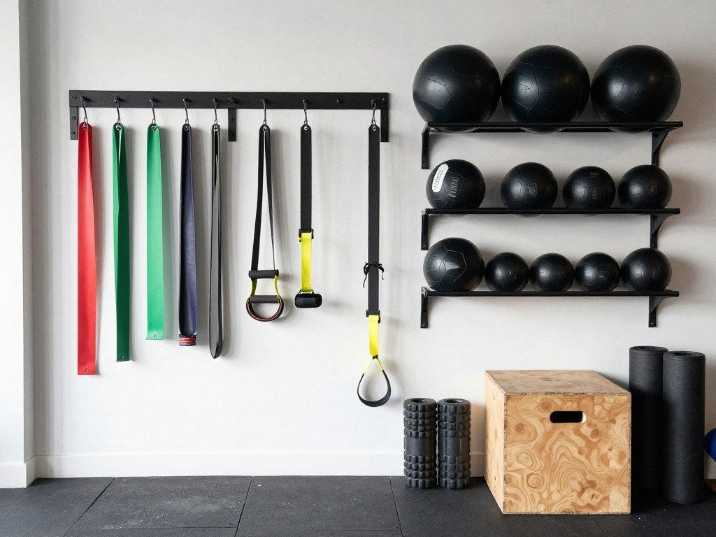Functional training accessories including resistance bands, medicine balls, and foam rollers