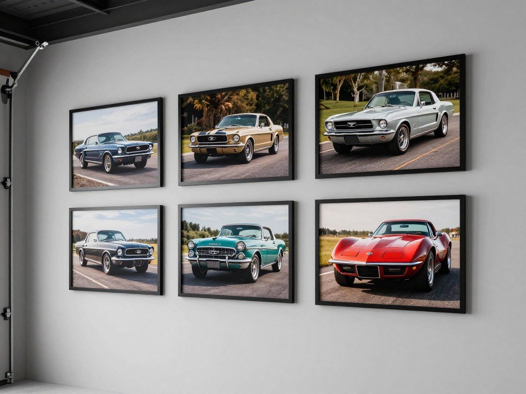 Gallery wall of classic car portraits in a modern garage Gallery wall of classic car portraits in a modern garage