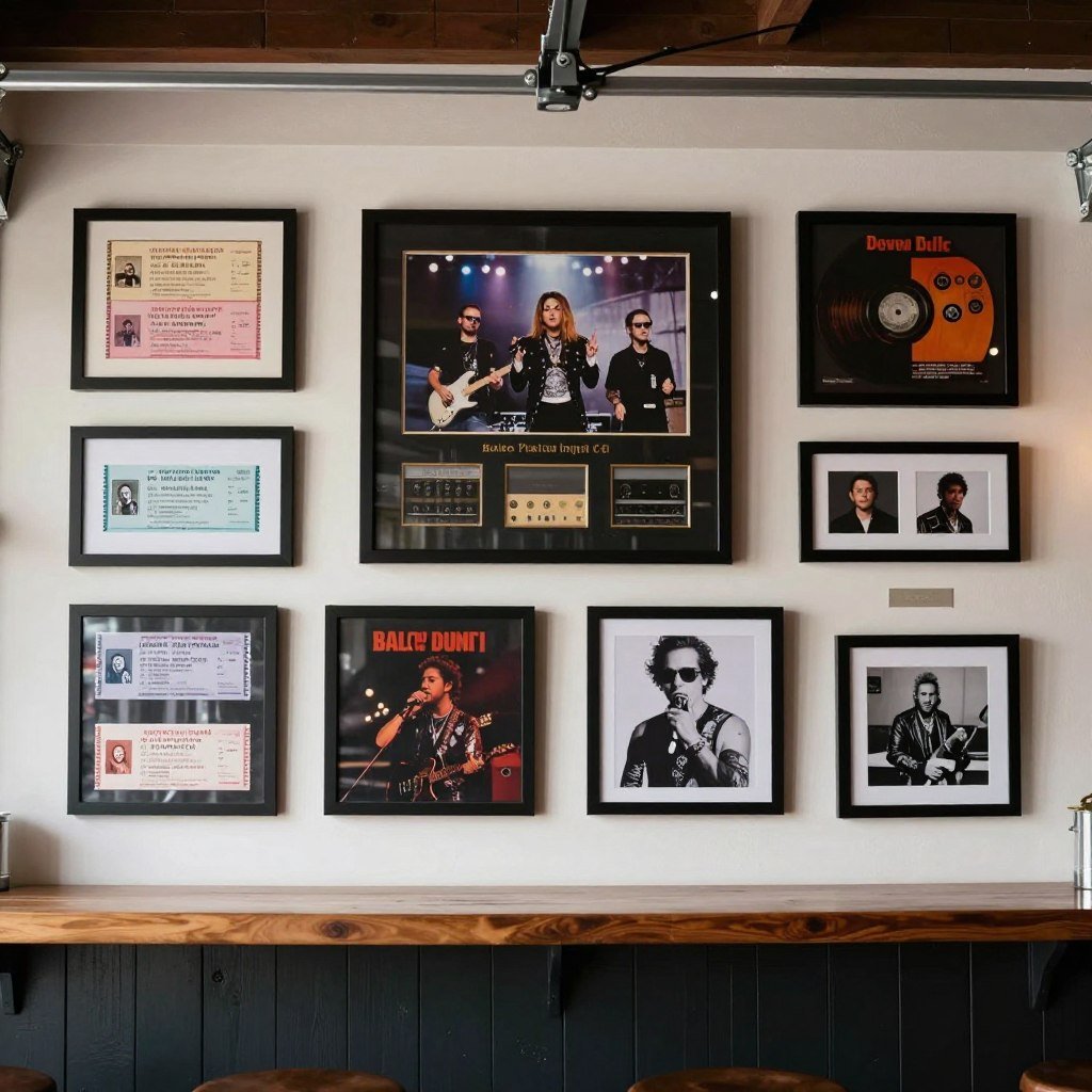 Gallery wall with framed photos and memorabilia