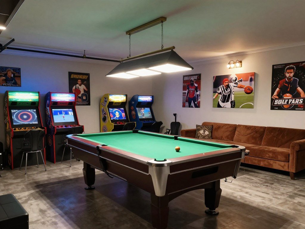 Game area in a converted garage with pool table and comfortable seating Game area in a converted garage with pool table and comfortable seating