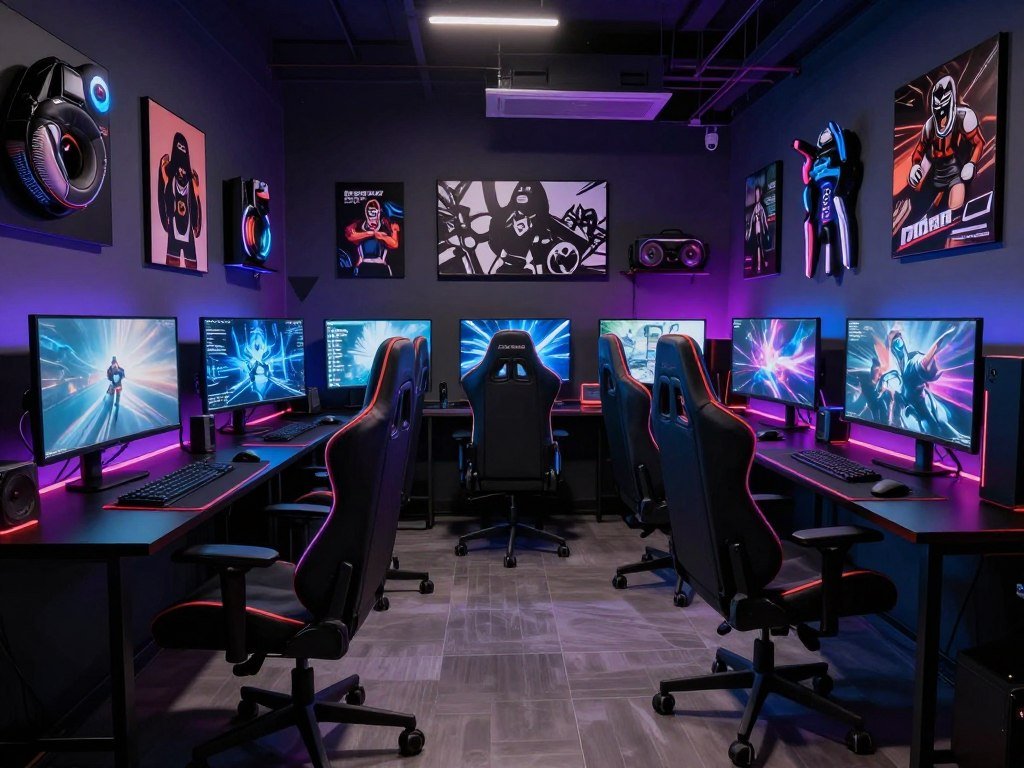 Gaming headquarters garage man cave with multiple screens and RGB lighting
