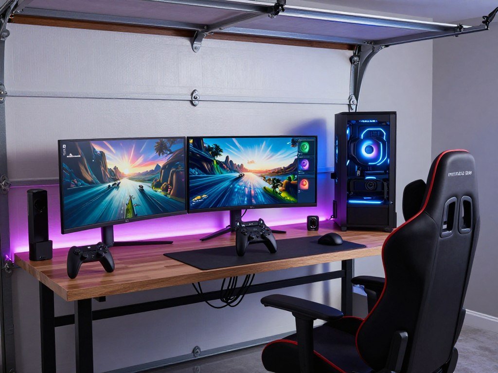 Gaming setup with multiple screens in a garage man cave