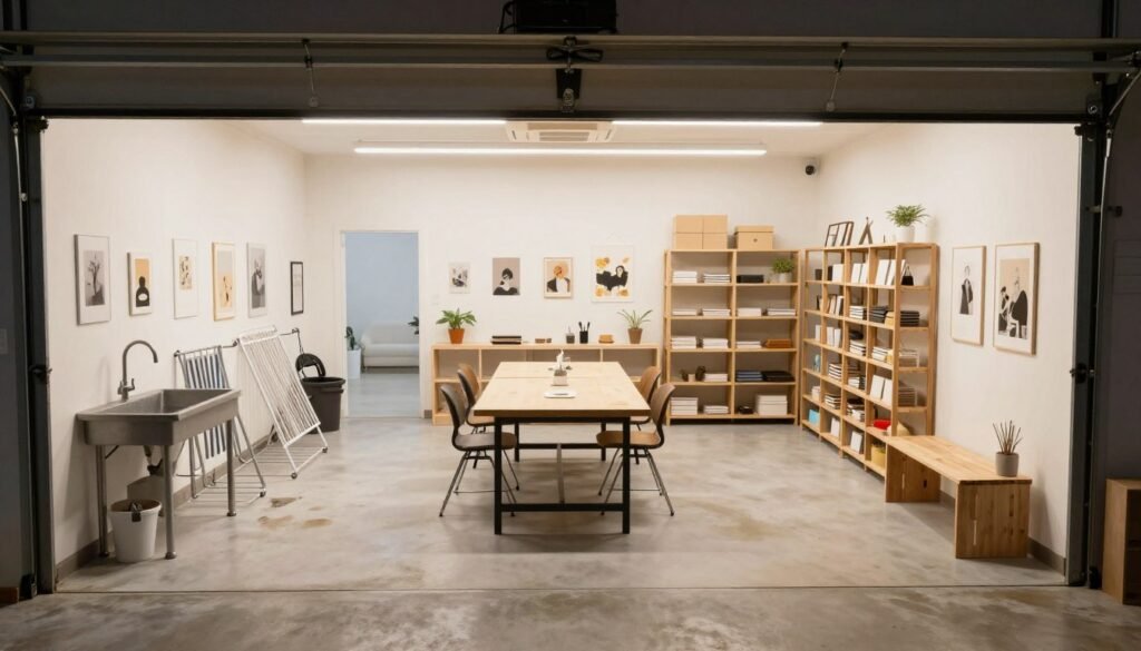 Garage art studio with clearly defined zones for different activities including creation, storage, and display areas