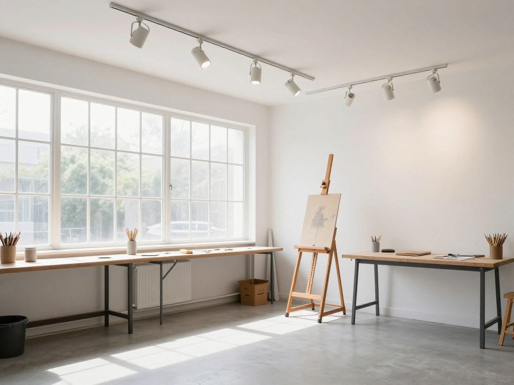 Garage art studio with excellent lighting combining natural light from windows and track lighting overhead
