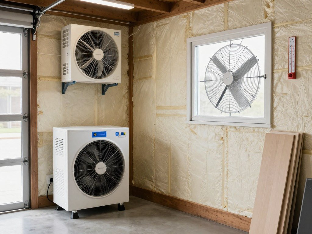 Garage art studio with portable heater, window-mounted exhaust fan, and insulated walls