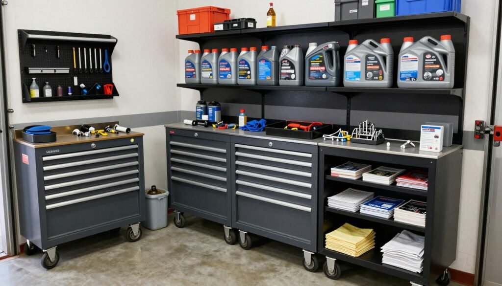 Garage automotive zone with organized maintenance supplies