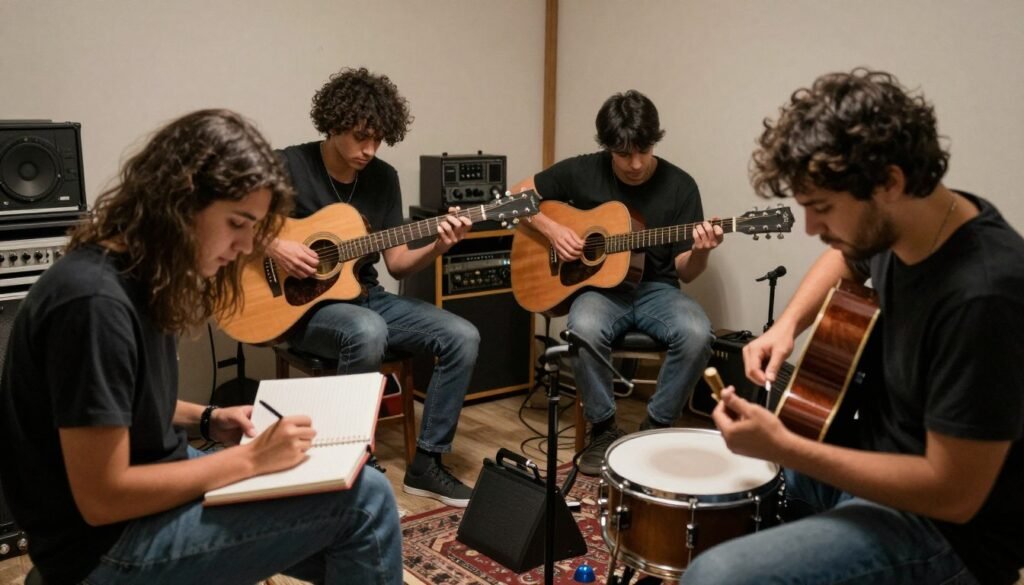 Garage band members collaborating on songwriting and developing their unique sound
