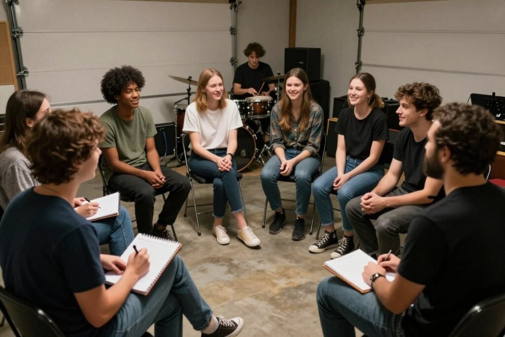 Garage band members having a constructive meeting to resolve issues