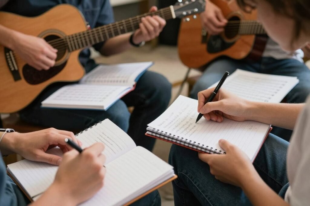 Garage band members writing songs together with instruments and notebooks