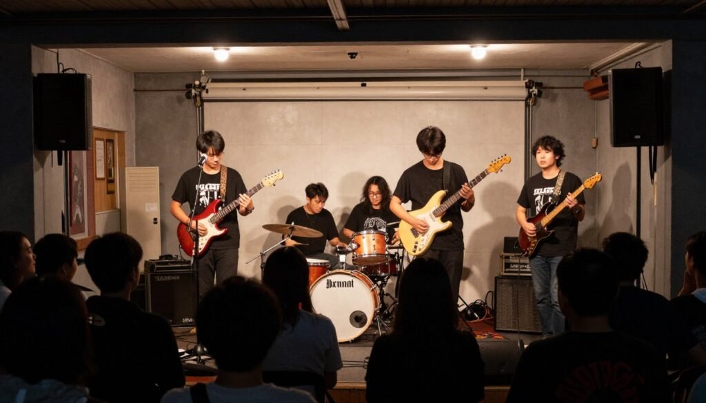 Garage band performing at a small local venue for their first show