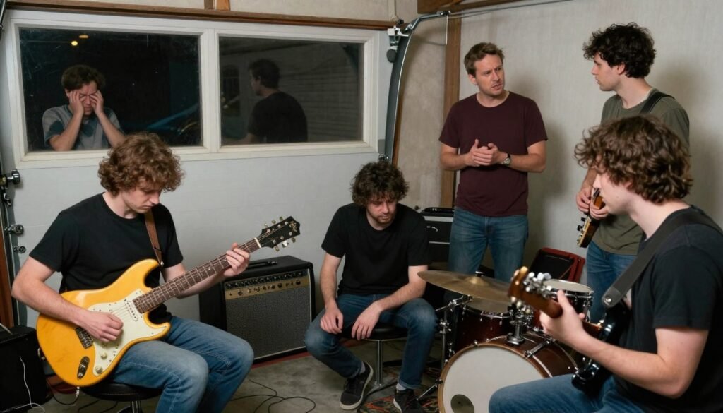 Garage band working through common challenges during practice