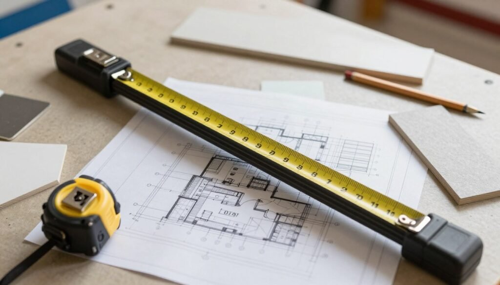 Garage bar layout planning with measuring tape and blueprint
