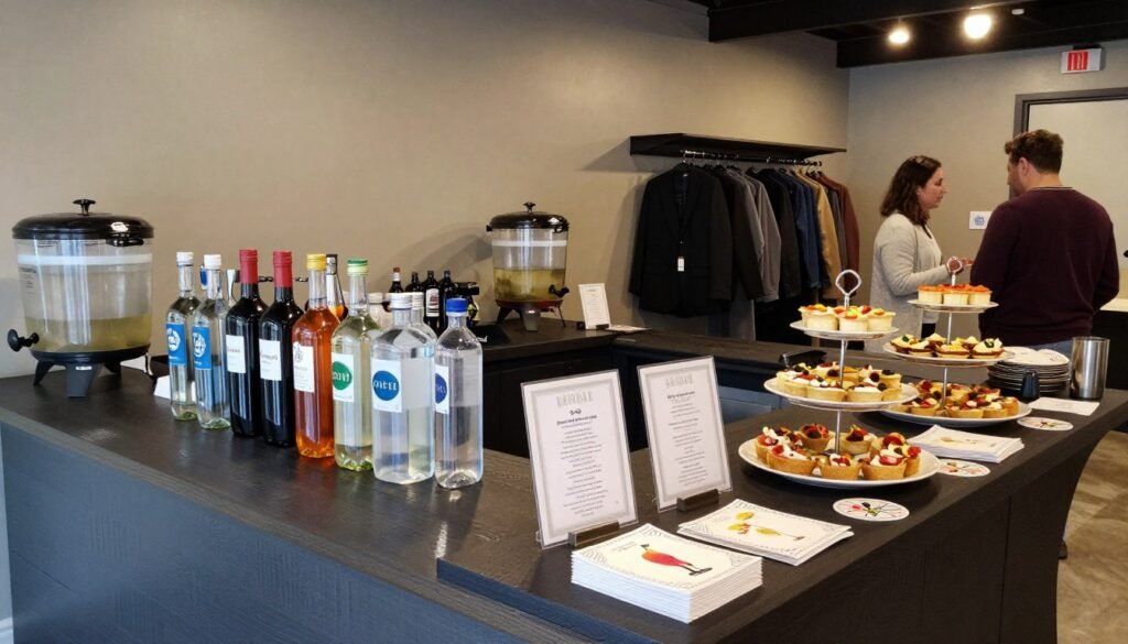 Garage bar set up for entertaining with food station, drink options, and guest amenities