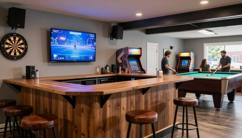 Garage bar with various entertainment features