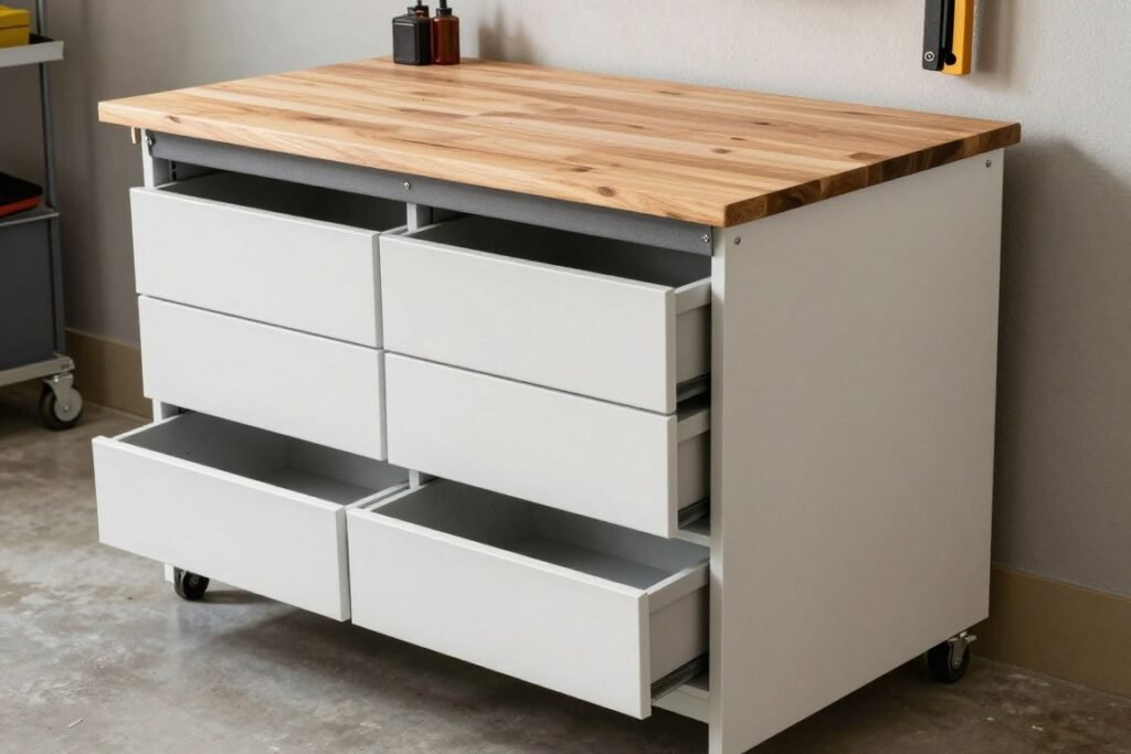 Garage base cabinet with integrated workbench surface