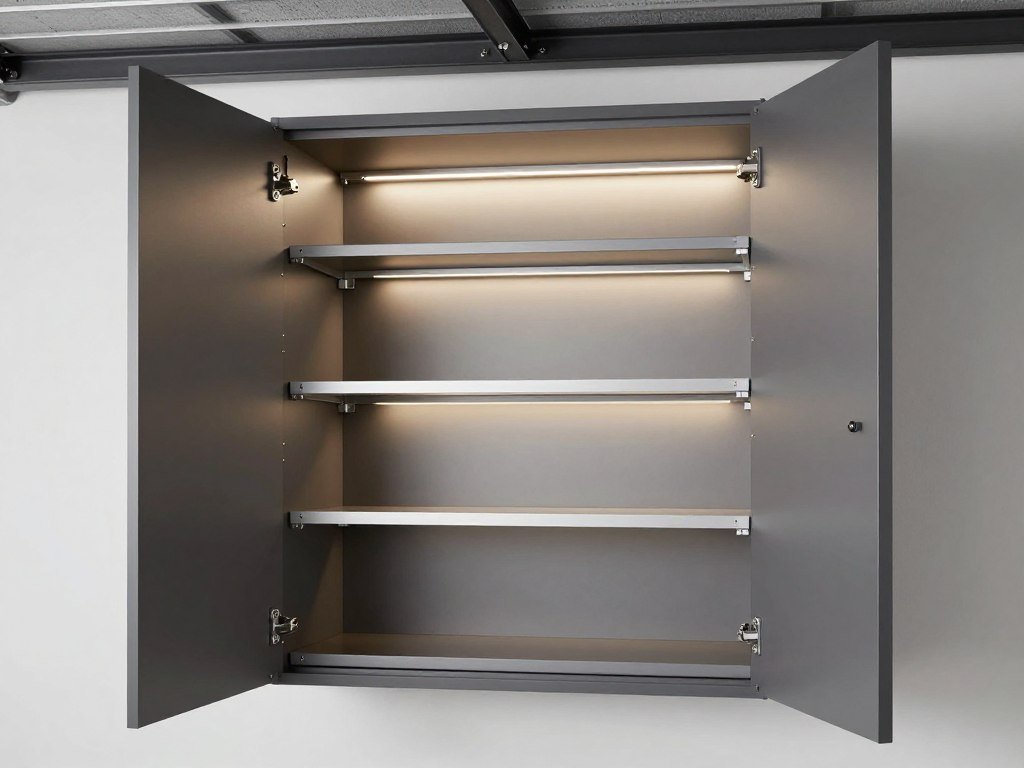Garage cabinet with adjustable shelving and functional features